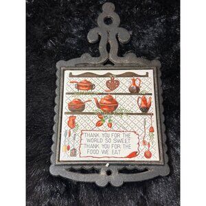 Vintage Cast Iron Trivet With Thank You For The World So Sweet Prayer & Teapot